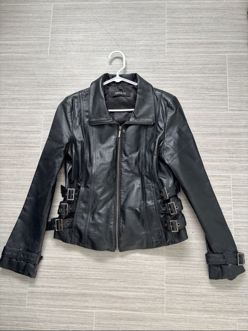 VENUS Black Leather Buckle-Accent Zip Jacket
